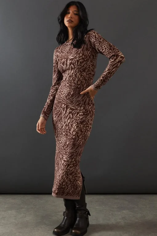 Animal Print|Dresses^Nasty Gal Animal Jacquard Slouchy Knitted Midaxi Dress |