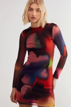 Dresses^Nasty Gal Blurred Printed Mesh Long Sleeve Backless Tunic Mini Dress |