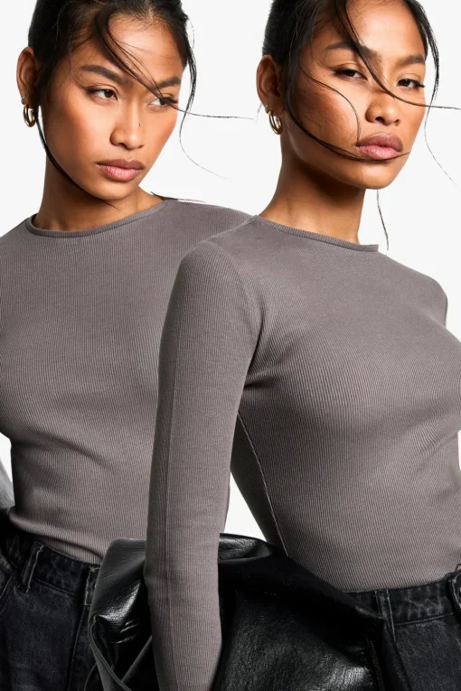Tops^Nasty Gal Boohoo Basics 2 Pack Crew Neck Long Sleeve Bodysuit |