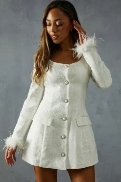 Dresses^Nasty Gal BoucleFeather TrimA-LineMini Dress |