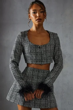 Jackets^Nasty Gal BoucleFeather TrimCroppedJacket |