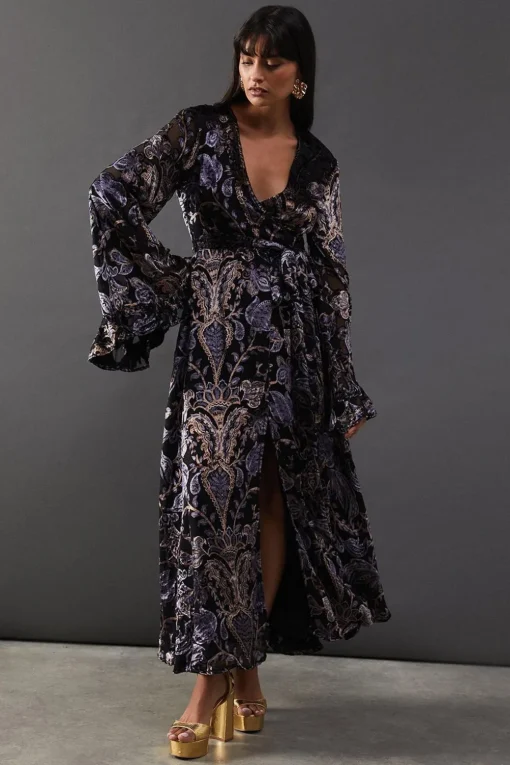 Dresses^Nasty Gal Burnout Velvet Plunge Neck Flared Sleeve Belted Maxi Dress |