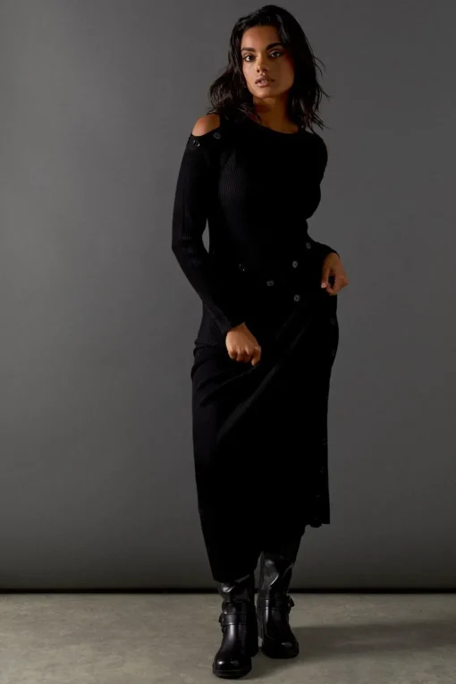 Dresses^Nasty Gal Button Detail Cold Shoulder Ribbed Midaxi Dress |