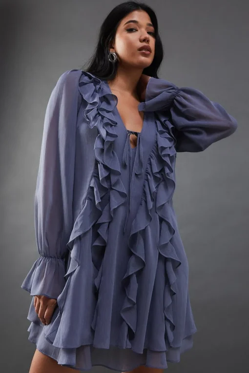 Dresses^Nasty Gal Chiffon Ruffle Front Tie Neck Mini Dress |