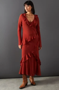 Dresses^Nasty Gal Chiffon Ruffle Seam V Neck Midi Dress |