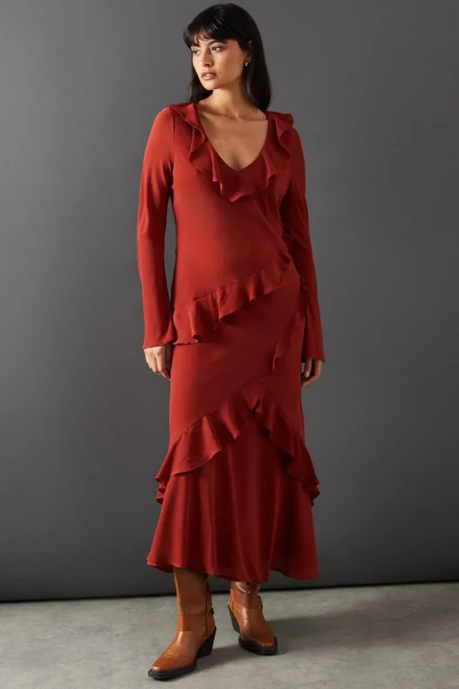 Dresses^Nasty Gal Chiffon Ruffle Seam V Neck Midi Dress |