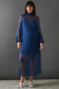 Dresses^Nasty Gal Chiffon Tie Neck Balloon Sleeve Column Midi Dress |