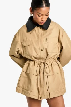 Leather|Jackets^Nasty Gal Cinched Waist Faux Leather Collar Barn Jacket |