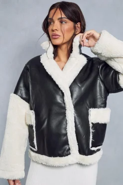 Coats^Nasty Gal Contrast Borg Detail Aviator Jacket |