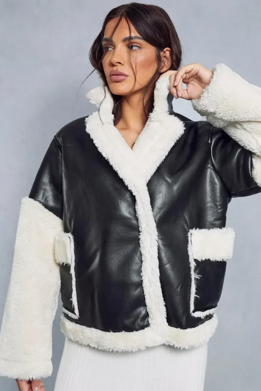 Coats^Nasty Gal Contrast Borg Detail Aviator Jacket |