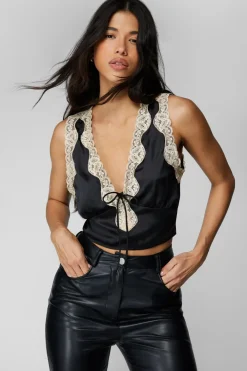 Festival Tops|Festival Outfits^Nasty Gal Contrast Lace Tie Detail Satin Top |
