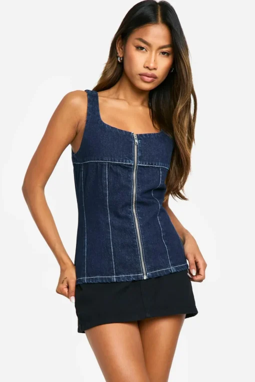Denim Tops|Denim^Nasty Gal Contrast Stitch Seam Detail Raw Indigo Denim Corset Top |