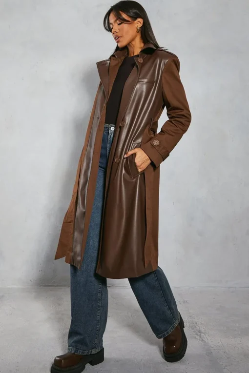 Leather|Coats^Nasty Gal Contrast Woven Leather Look Panelled Trench Coat |