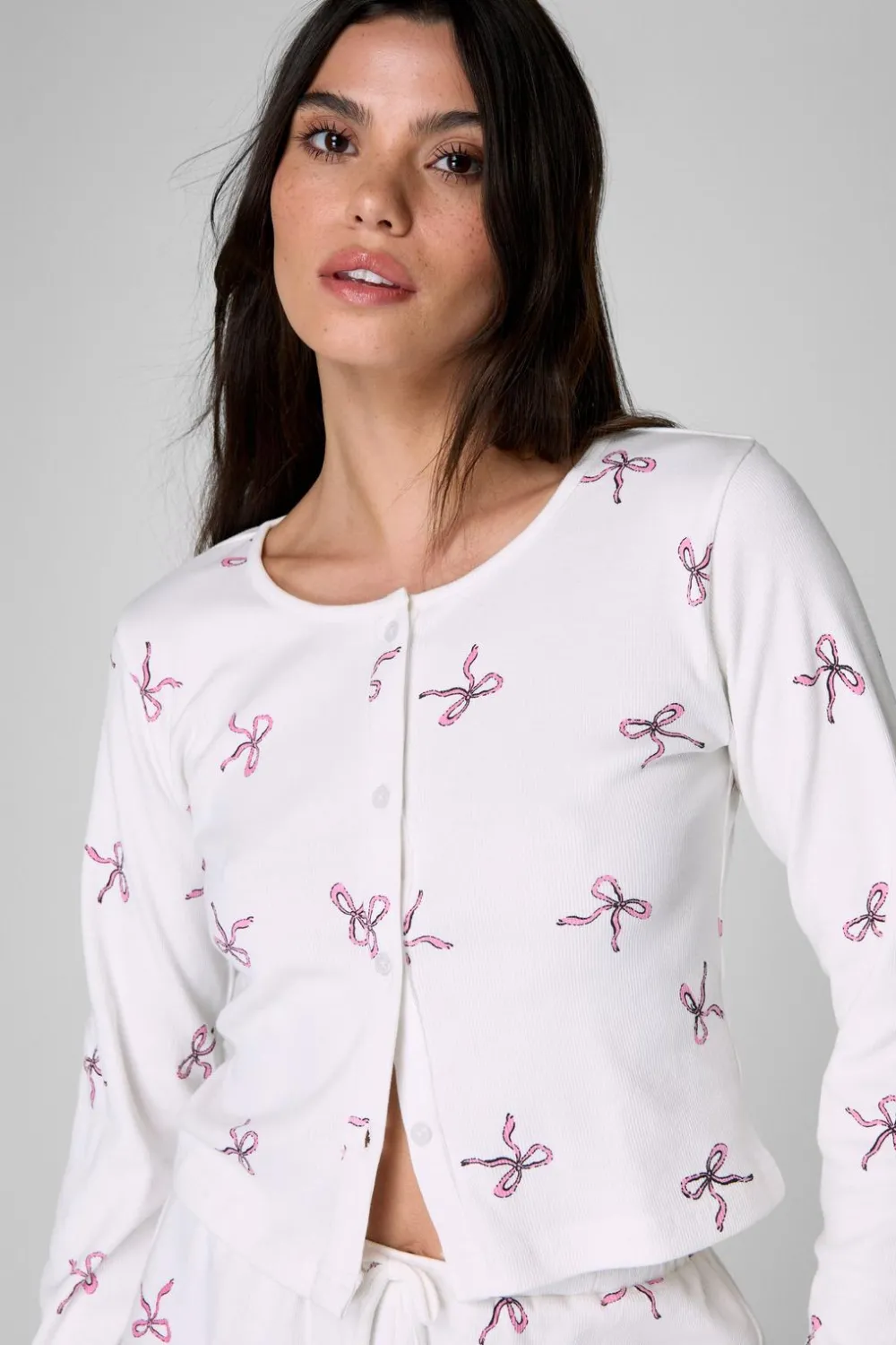 Sleepwear^Nasty Gal Cotton Bow Rib Button Through Pajama Top |