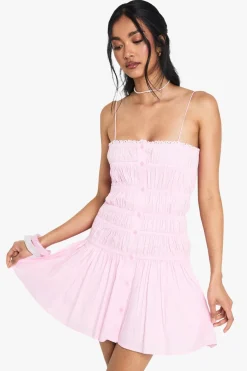 Dresses^Nasty Gal Cotton Shirred Bandeau Button Mini Dress |