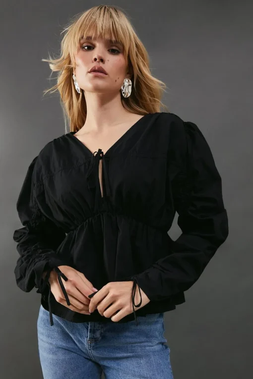 Tops^Nasty Gal Cotton Tie Front Volume Sleeve Blouse |