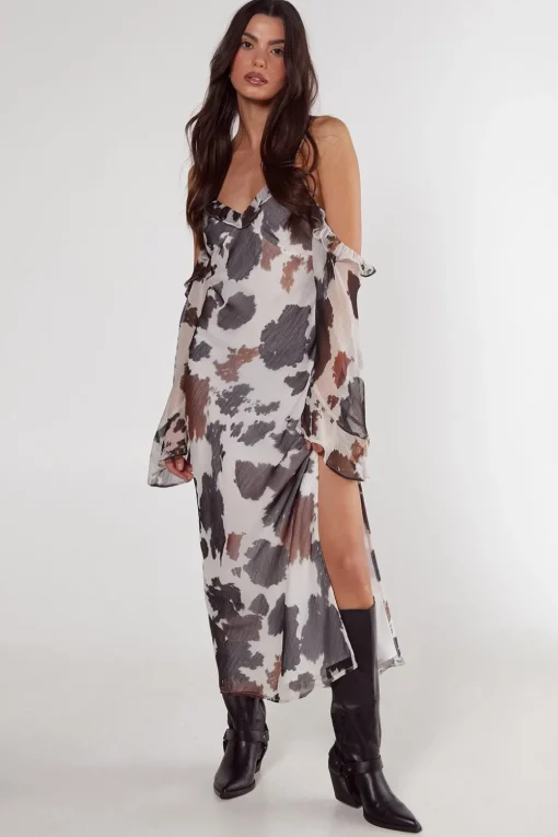 Maxi Dresses|Dresses^Nasty Gal Cow Chiffon Cold Shoulder Bias Cut Split Maxi Dress |