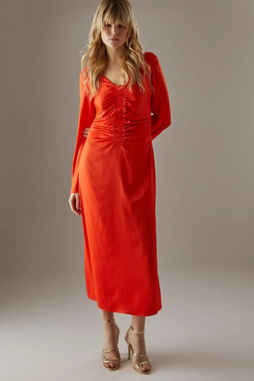Dresses^Nasty Gal Crinkle Satin Ruched Front Column Midi Dress |
