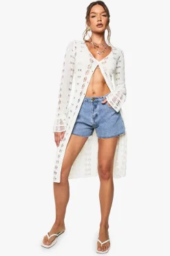 Crochet|Knitwear^Nasty Gal Crochet Frill Sleeve Maxi Cardigan |