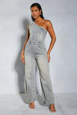 Jumpsuits|Jumpsuits^Nasty Gal Denim Deconstructed One Shoulder Jumpsuit |