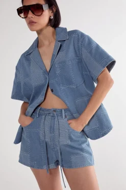 Denim|Denim^Nasty Gal Denim Patchwork Contrast Stitch Tie Waist Shorts |