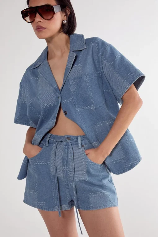 Denim|Denim^Nasty Gal Denim Patchwork Contrast Stitch Tie Waist Shorts |