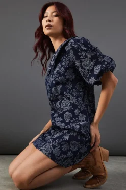 Dresses^Nasty Gal Denim Rose Jacquard Pointed Collar Mini Dress |