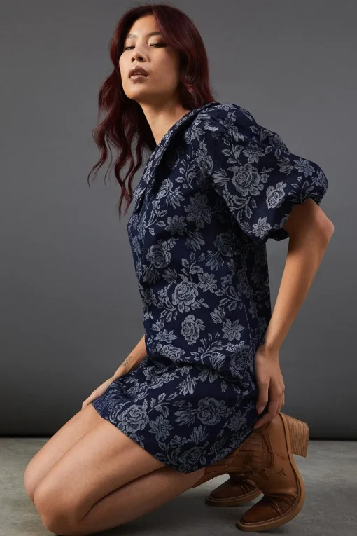 Dresses^Nasty Gal Denim Rose Jacquard Pointed Collar Mini Dress |