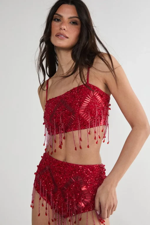 Crop Tops|Crop Tops^Nasty Gal Diamante Embellished Tassel Beaded Crop Top |