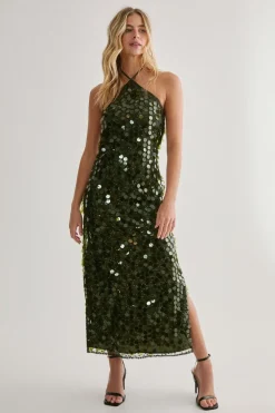 Sequin Outfits|Party Outfits^Nasty Gal Disc Sequin Glitter Thread Contrast Halter Neck Strappy Midaxi Dress |