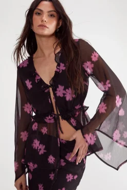 Two Piece Sets|Two Piece Sets^Nasty Gal Ditsy Chiffon Ruffle Tie Front Fluted Sleeve Top |