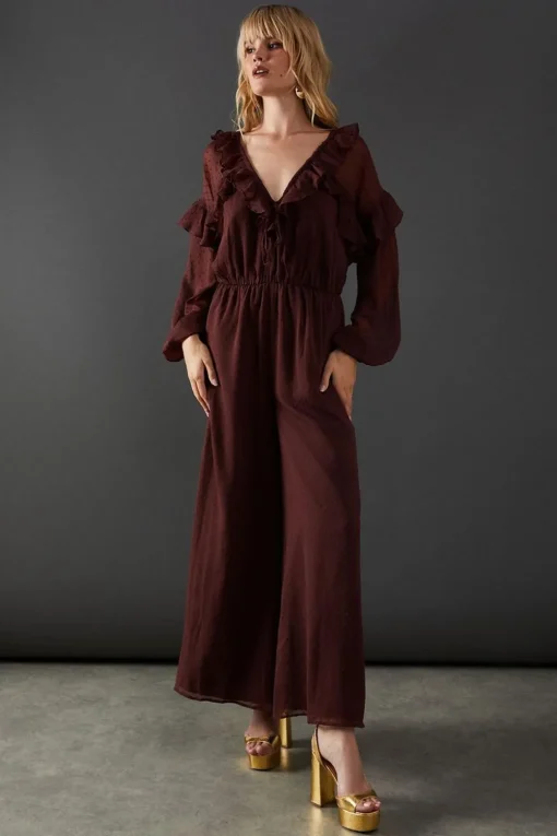 Jumpsuits|Jumpsuits^Nasty Gal Dobby Chiffon Ruffle Waisted Jumpsuit |