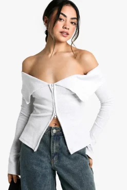 Tops^Nasty Gal Double Zip Bardot Rib Top |