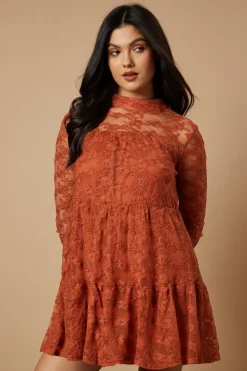 Mini Dresses|Dresses^Nasty Gal Embroidered Mesh High Neck Tier Smock Mini Dress |