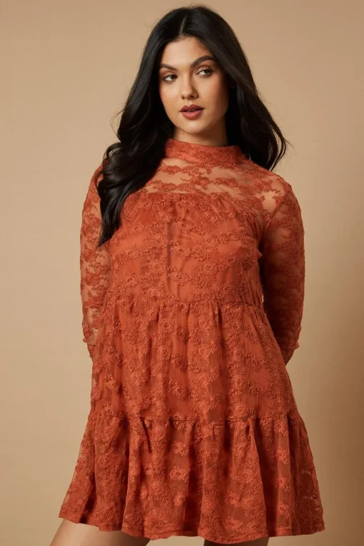 Mini Dresses|Dresses^Nasty Gal Embroidered Mesh High Neck Tier Smock Mini Dress |