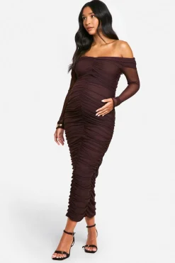 Dresses^Nasty Gal Emily Shak Maternity Slinky Off The Shoulder Long Sleeve Ruched Midaxi Dress |