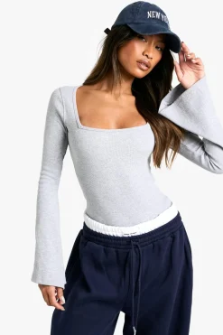 Tops^Nasty Gal Flared Sleeve Rib Square Neck Bodysuit |