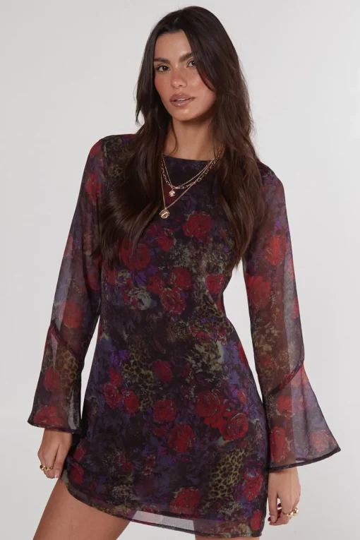 Animal Print|Mini Dresses^Nasty Gal Floral Animal Chiffon Fluted Sleeve Tunic Dress |