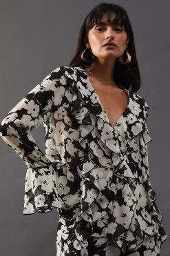 Tops^Nasty Gal Floral Chiffon Ruffle Front Blouse |