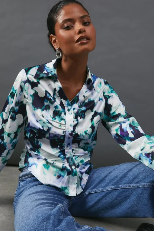 Tops^Nasty Gal Floral Satin Ruched Front Shirt |
