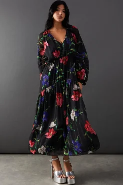 Stripes|Midi Dresses^Nasty Gal Floral Shadow Stripe Chiffon Plunge Neck Tier Midi Dress |