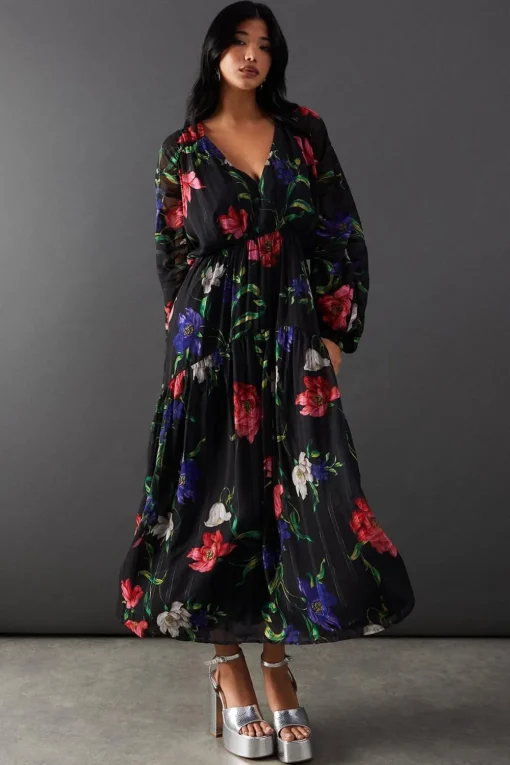 Stripes|Midi Dresses^Nasty Gal Floral Shadow Stripe Chiffon Plunge Neck Tier Midi Dress |