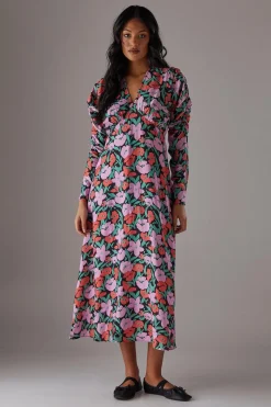 Dresses^Nasty Gal Floral Viscose V Neck Long Puff Sleeve Midi Dress |