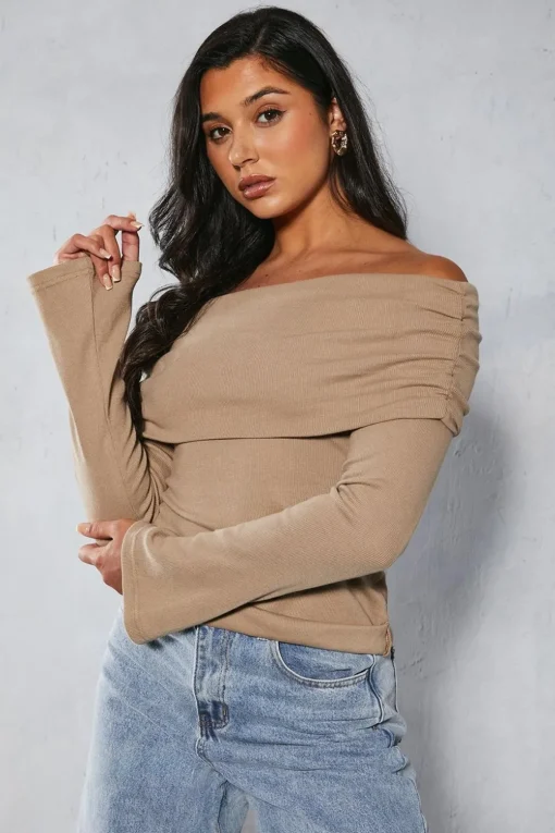 Tops^Nasty Gal Fold Over Bardot Rib Top |