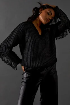 Fringing|Knitwear^Nasty Gal Fringed Back V Neck Jumper |