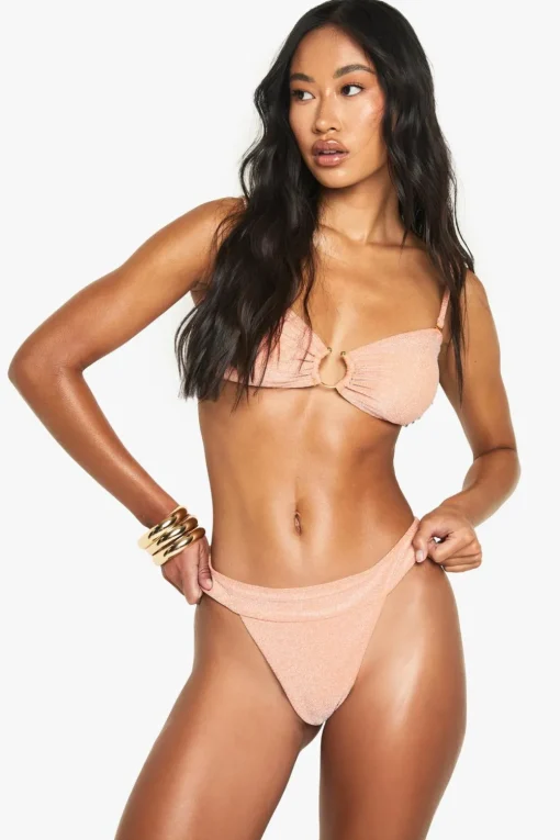 Bikinis|Swimwear^Nasty Gal Glitter U-Bar Bandeau Bikini Top & High Leg Bikini Bottoms Set |