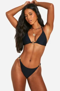 Bikinis|Swimwear^Nasty Gal Gold Square Hardware Trim Triangle Bikini Top & Tanga Bikini Bottoms Set |