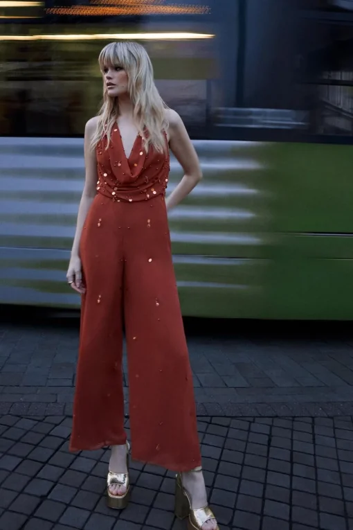 Sequin Outfits|Jumpsuits^Nasty Gal Hand Embellished Sequin Drop Bead Cowl Neck Jumpsuit |