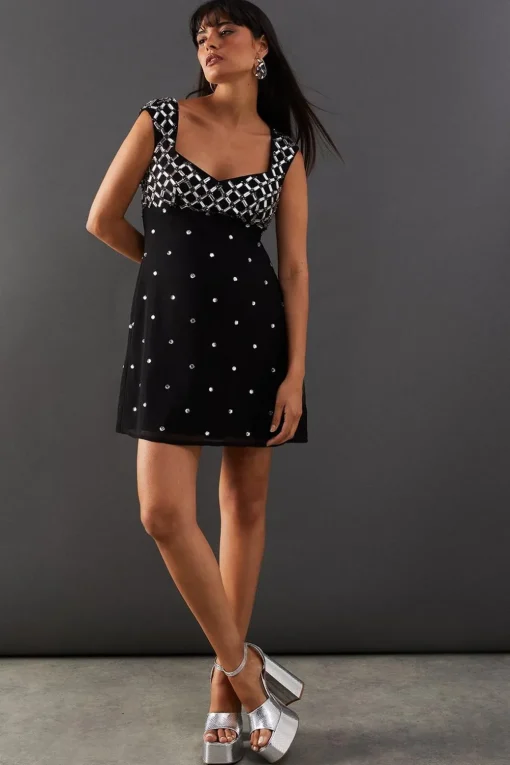 Sequin Outfits|Dresses^Nasty Gal Hand Embellished Sequin Panel Georgette Mini Dress |