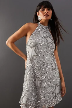 Sequin Outfits|Dresses^Nasty Gal Hand Embellished Sequin Star Cut Out Halter Mini Dress |